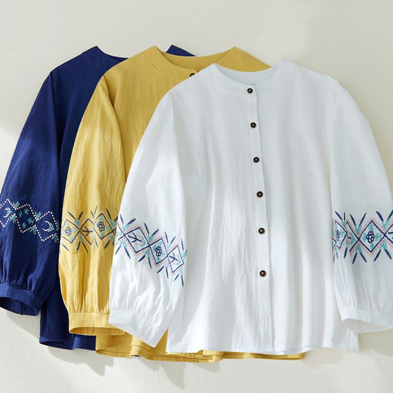 Camicie da donna in lino di cotone con bottoni a manica lunga con ricamo geometrico Buddha Stones