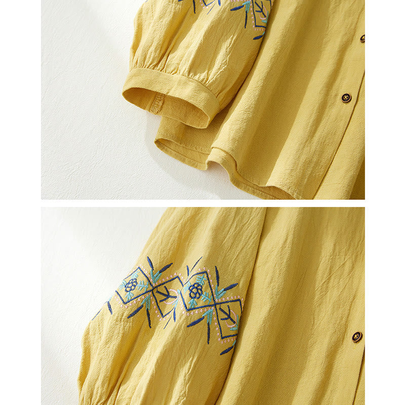 Camicie da donna in lino di cotone con bottoni a manica lunga con ricamo geometrico Buddha Stones