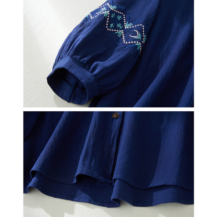 Camicie da donna in lino di cotone con bottoni a manica lunga con ricamo geometrico Buddha Stones