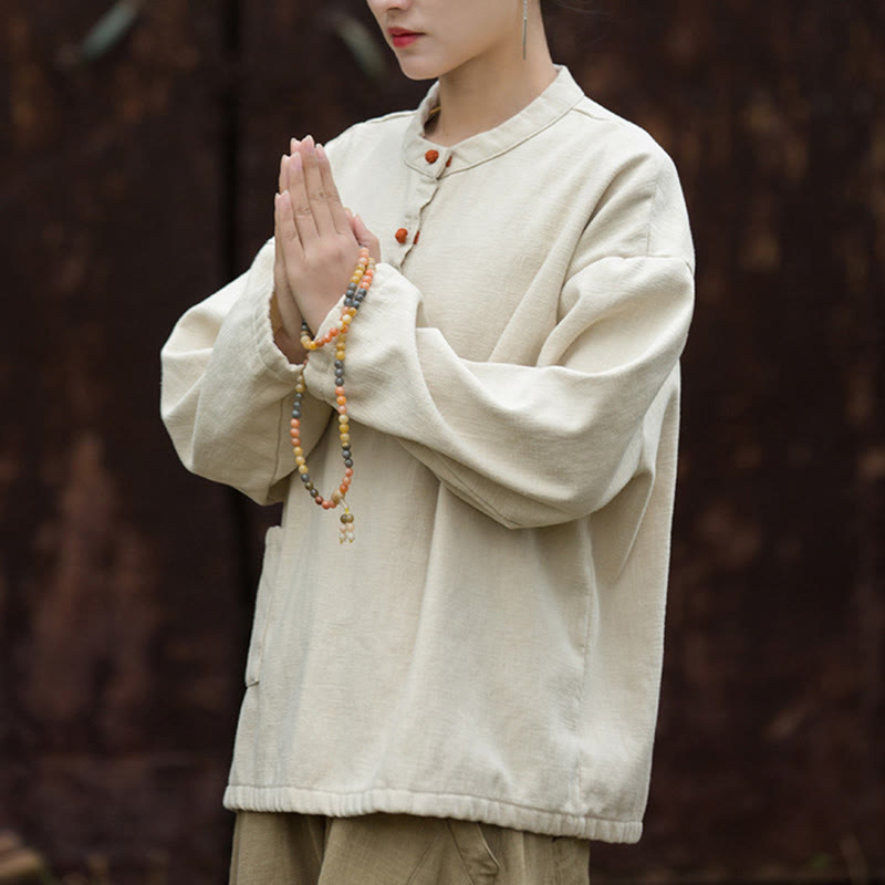 Camicia da donna in lino ramiè a maniche lunghe, termica, retrò, tinta unita, Buddha Stones