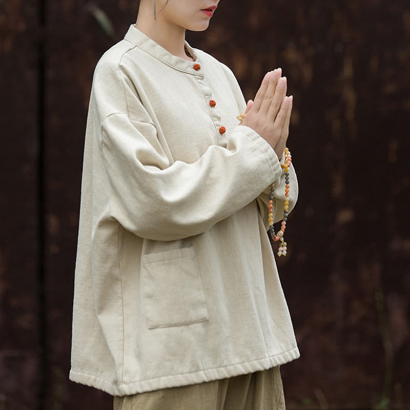 Camicia da donna in lino ramiè a maniche lunghe, termica, retrò, tinta unita, Buddha Stones