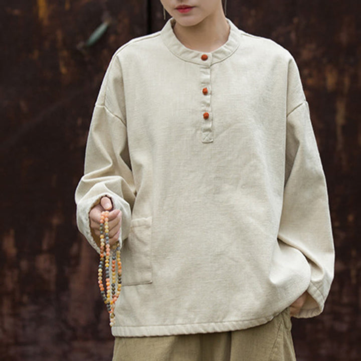Camicia da donna in lino ramiè a maniche lunghe, termica, retrò, tinta unita, Buddha Stones