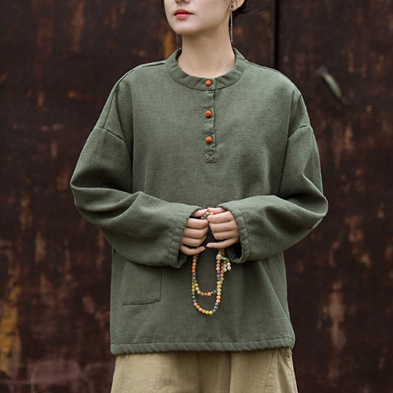 Camicia da donna in lino ramiè a maniche lunghe, termica, retrò, tinta unita, Buddha Stones