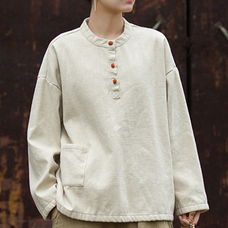 Camicia da donna in lino ramiè a maniche lunghe, termica, retrò, tinta unita, Buddha Stones