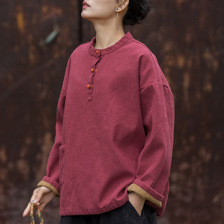 Camicia da donna in lino ramiè a maniche lunghe, termica, retrò, tinta unita, Buddha Stones