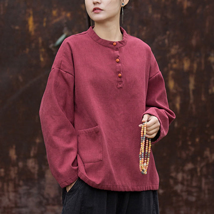 Camicia da donna in lino ramiè a maniche lunghe, termica, retrò, tinta unita, Buddha Stones
