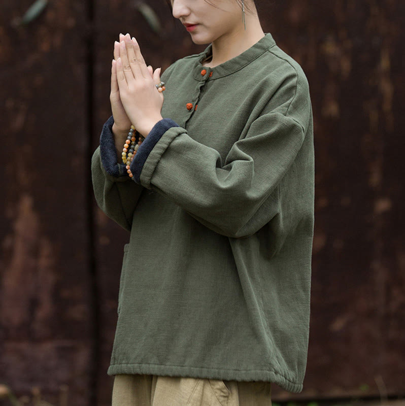 Camicia da donna in lino ramiè a maniche lunghe, termica, retrò, tinta unita, Buddha Stones