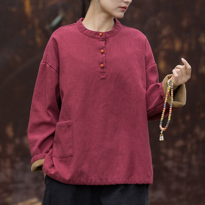 Camicia da donna in lino ramiè a maniche lunghe, termica, retrò, tinta unita, Buddha Stones