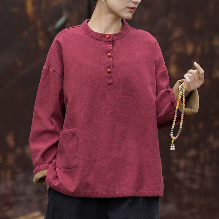 Camicia da donna in lino ramiè a maniche lunghe, termica, retrò, tinta unita, Buddha Stones