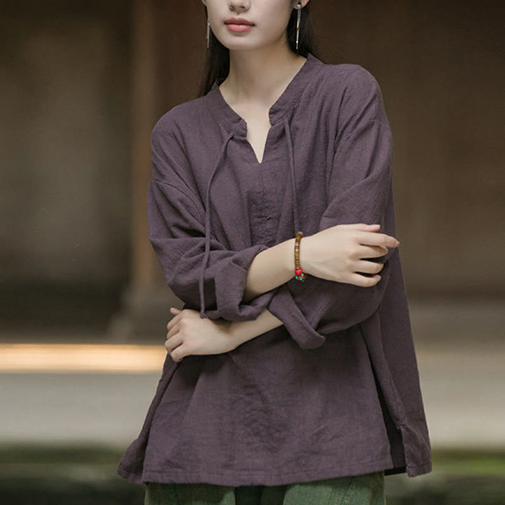 Camicia da donna in lino ramiè a maniche lunghe, stile retrò, tinta unita, motivo Buddha Stones