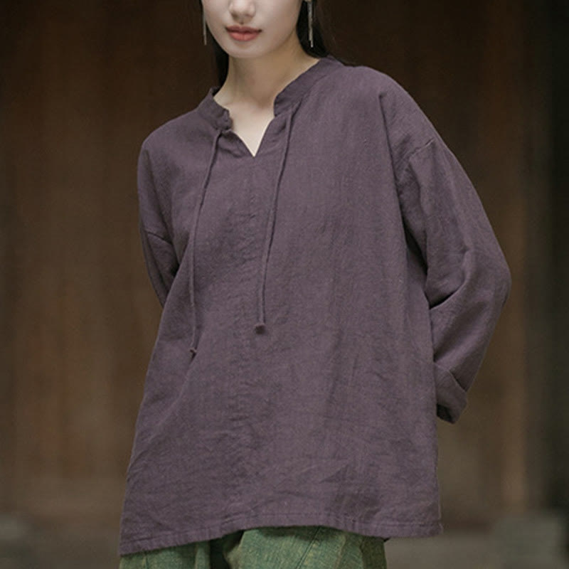 Camicia da donna in lino ramiè a maniche lunghe, stile retrò, tinta unita, motivo Buddha Stones