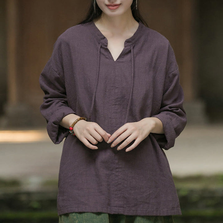 Camicia da donna in lino ramiè a maniche lunghe, stile retrò, tinta unita, motivo Buddha Stones