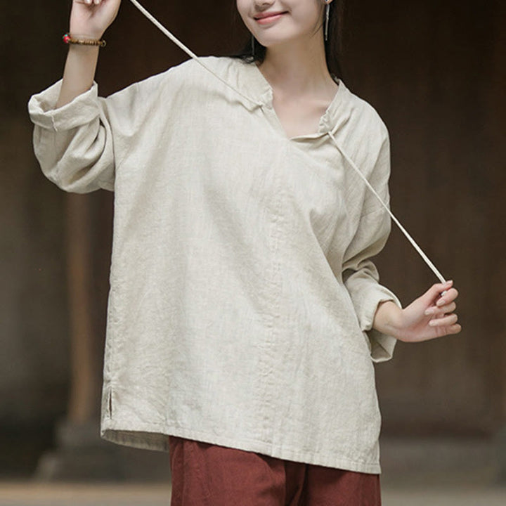 Camicia da donna in lino ramiè a maniche lunghe, stile retrò, tinta unita, motivo Buddha Stones