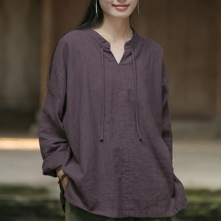 Camicia da donna in lino ramiè a maniche lunghe, stile retrò, tinta unita, motivo Buddha Stones