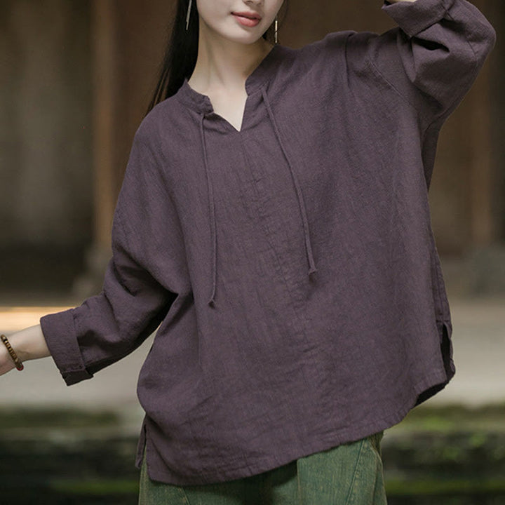 Camicia da donna in lino ramiè a maniche lunghe, stile retrò, tinta unita, motivo Buddha Stones