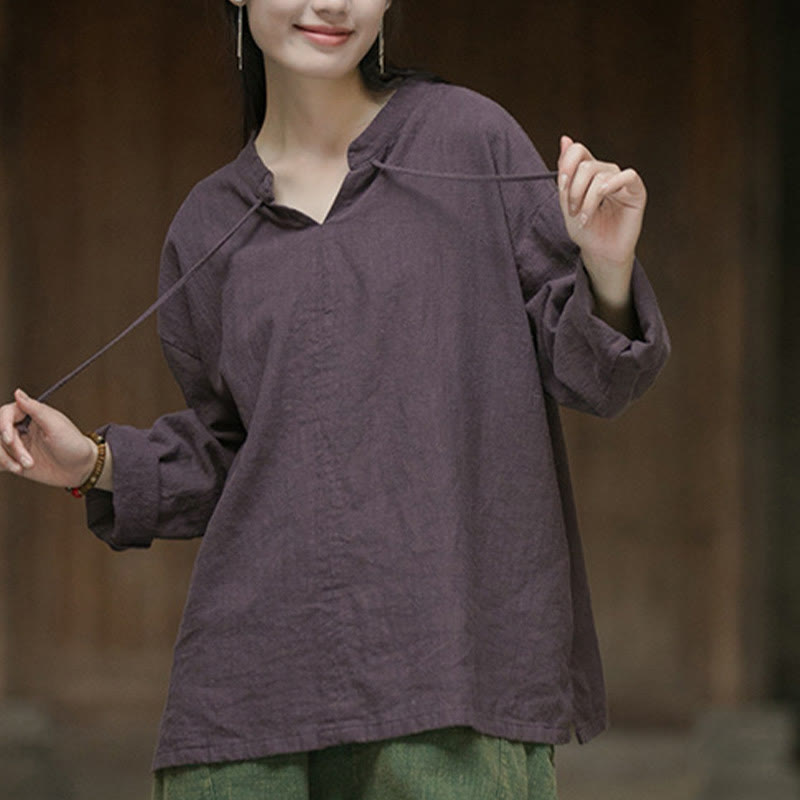 Camicia da donna in lino ramiè a maniche lunghe, stile retrò, tinta unita, motivo Buddha Stones