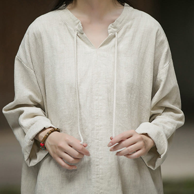 Camicia da donna in lino ramiè a maniche lunghe, stile retrò, tinta unita, motivo Buddha Stones