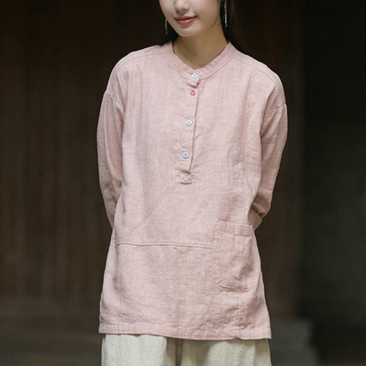 Camicia da donna in lino ramiè con mezza abbottonatura, a maniche lunghe, tinta unita , Buddha Stones