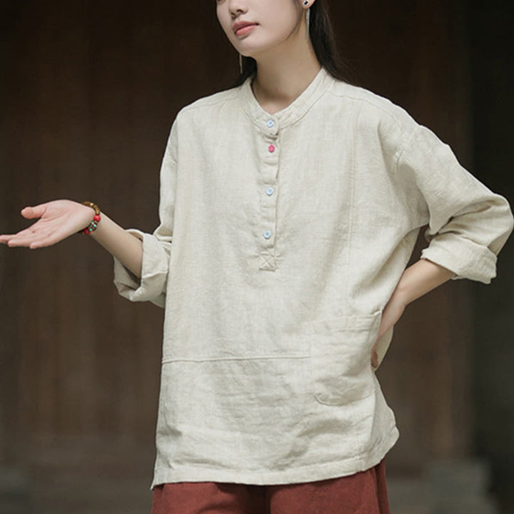 Camicia da donna in lino ramiè con mezza abbottonatura, a maniche lunghe, tinta unita , Buddha Stones