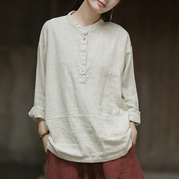 Camicia da donna in lino ramiè con mezza abbottonatura, a maniche lunghe, tinta unita , Buddha Stones