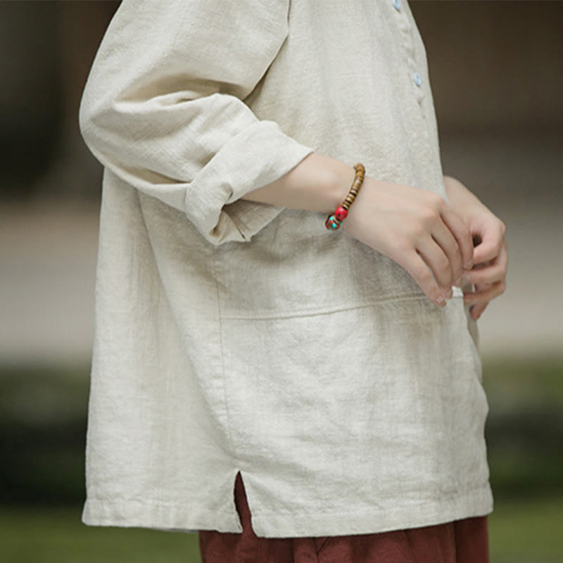 Camicia da donna in lino ramiè con mezza abbottonatura, a maniche lunghe, tinta unita , Buddha Stones