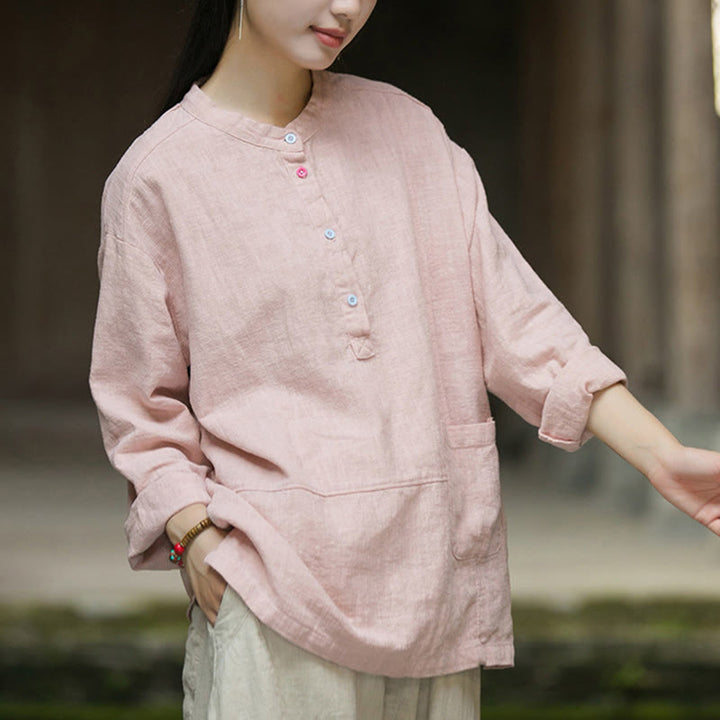 Camicia da donna in lino ramiè con mezza abbottonatura, a maniche lunghe, tinta unita , Buddha Stones