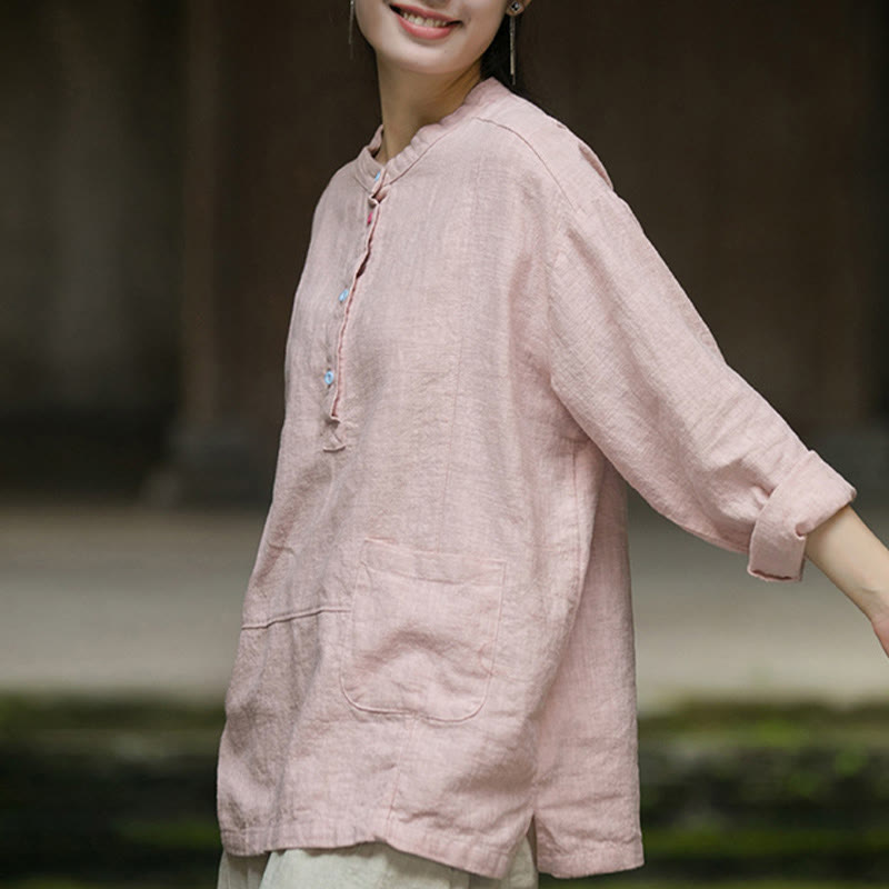 Camicia da donna in lino ramiè con mezza abbottonatura, a maniche lunghe, tinta unita , Buddha Stones