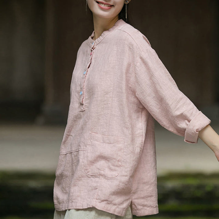Camicia da donna in lino ramiè con mezza abbottonatura, a maniche lunghe, tinta unita , Buddha Stones