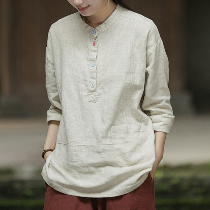 Camicia da donna in lino ramiè con mezza abbottonatura, a maniche lunghe, tinta unita , Buddha Stones