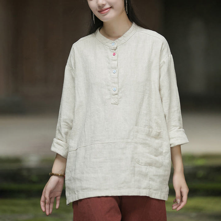 Camicia da donna in lino ramiè con mezza abbottonatura, a maniche lunghe, tinta unita , Buddha Stones