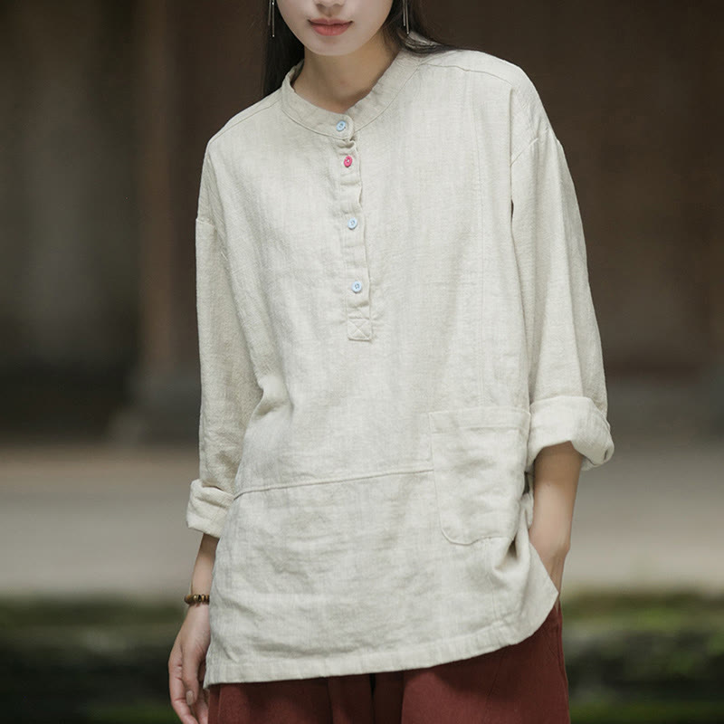 Camicia da donna in lino ramiè con mezza abbottonatura, a maniche lunghe, tinta unita , Buddha Stones