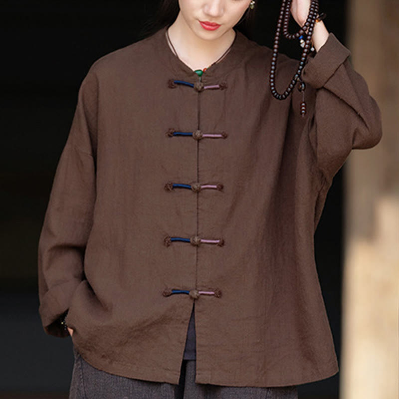 Camicia da donna in lino ramiè a maniche lunghe con bottoni a rana e tinta unita , Buddha Stones