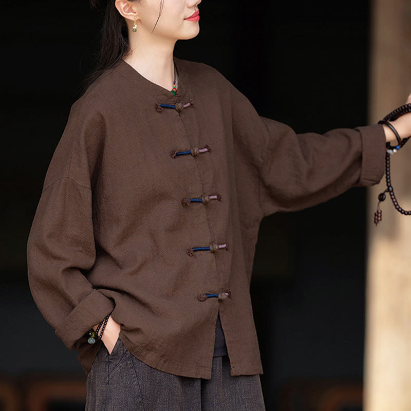 Camicia da donna in lino ramiè a maniche lunghe con bottoni a rana e tinta unita , Buddha Stones