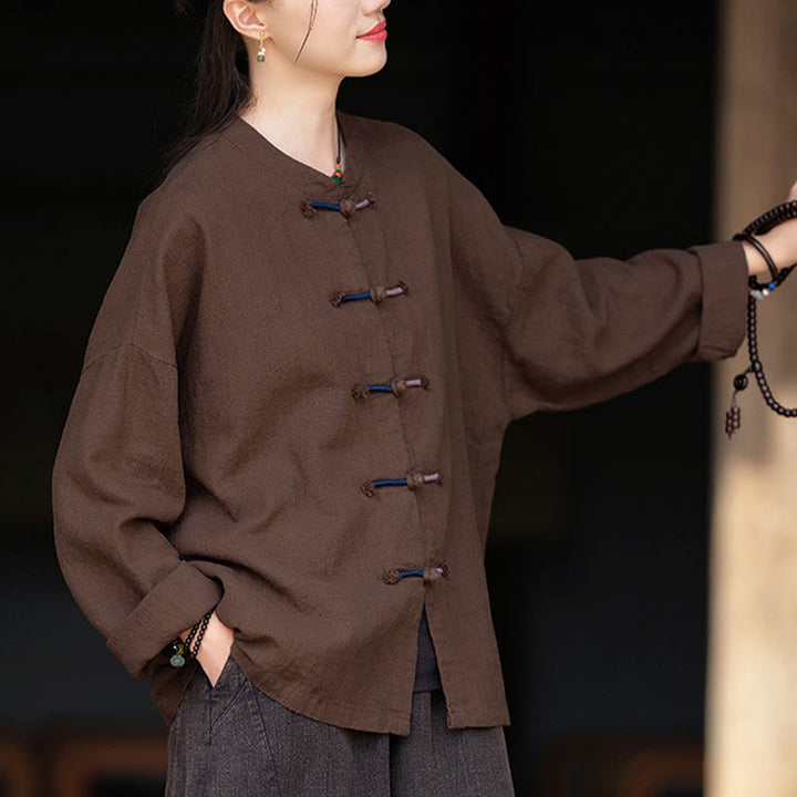 Camicia da donna in lino ramiè a maniche lunghe con bottoni a rana e tinta unita , Buddha Stones