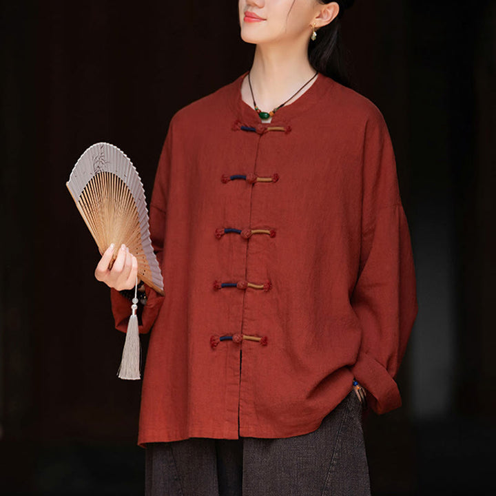 Camicia da donna in lino ramiè a maniche lunghe con bottoni a rana e tinta unita , Buddha Stones