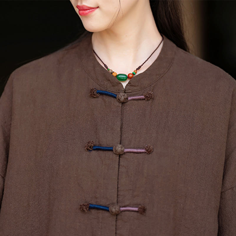 Camicia da donna in lino ramiè a maniche lunghe con bottoni a rana e tinta unita , Buddha Stones