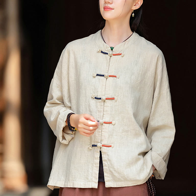 Camicia da donna in lino ramiè a maniche lunghe con bottoni a rana e tinta unita , Buddha Stones