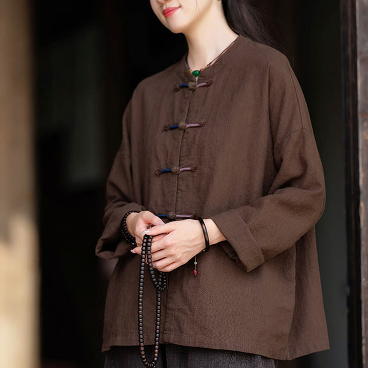 Camicia da donna in lino ramiè a maniche lunghe con bottoni a rana e tinta unita , Buddha Stones