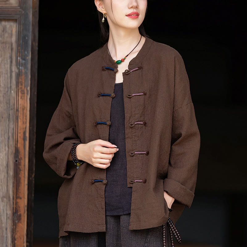 Camicia da donna in lino ramiè a maniche lunghe con bottoni a rana e tinta unita , Buddha Stones
