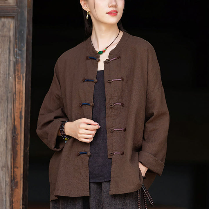 Camicia da donna in lino ramiè a maniche lunghe con bottoni a rana e tinta unita , Buddha Stones