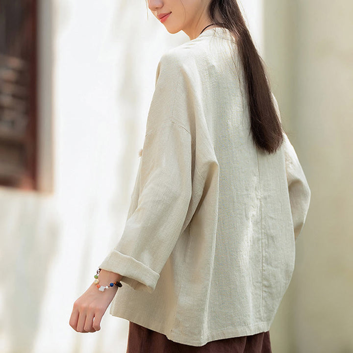 Camicia da donna in lino ramiè a maniche lunghe con bottoni a rana e tinta unita , Buddha Stones