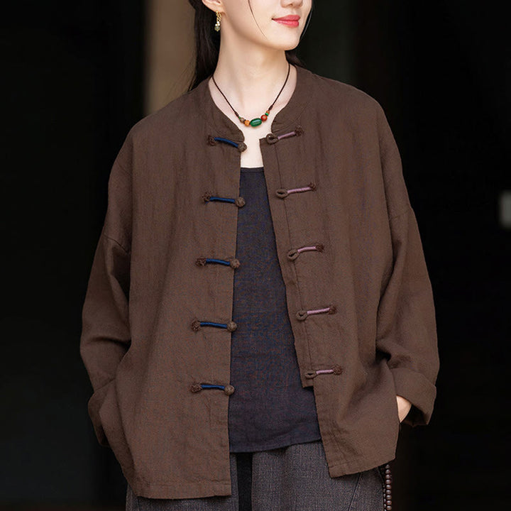 Camicia da donna in lino ramiè a maniche lunghe con bottoni a rana e tinta unita , Buddha Stones