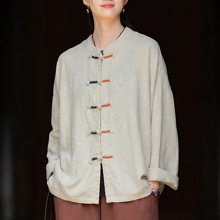 Camicia da donna in lino ramiè a maniche lunghe con bottoni a rana e tinta unita , Buddha Stones