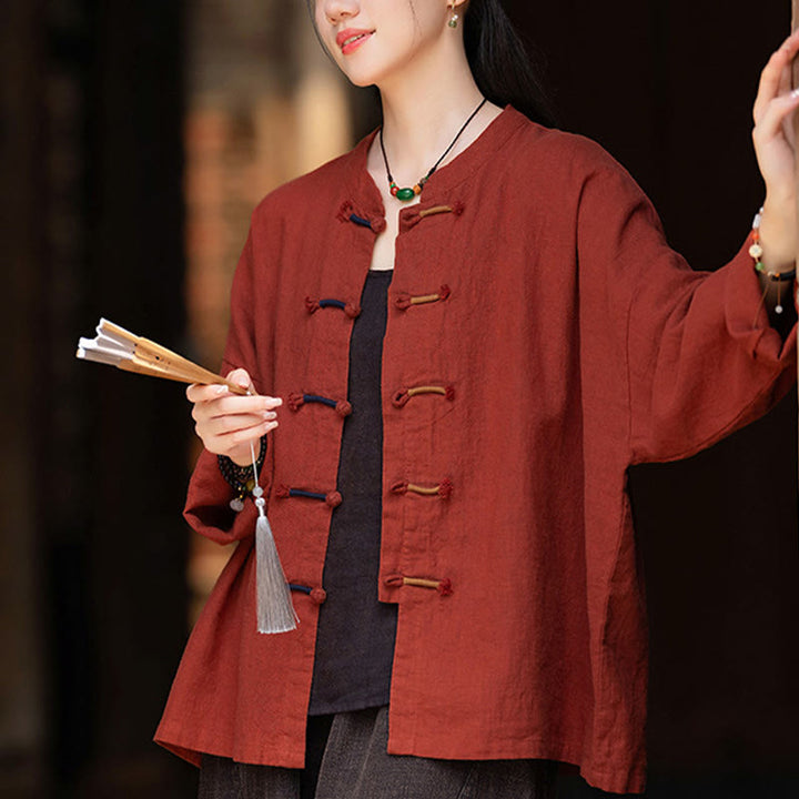 Camicia da donna in lino ramiè a maniche lunghe con bottoni a rana e tinta unita , Buddha Stones