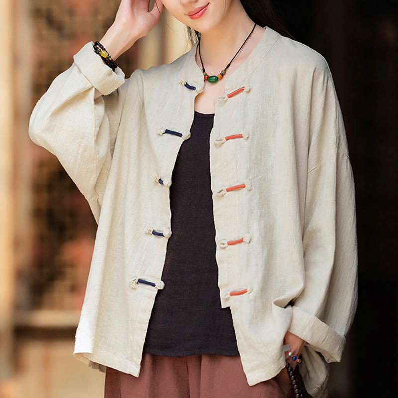 Camicia da donna in lino ramiè a maniche lunghe con bottoni a rana e tinta unita , Buddha Stones