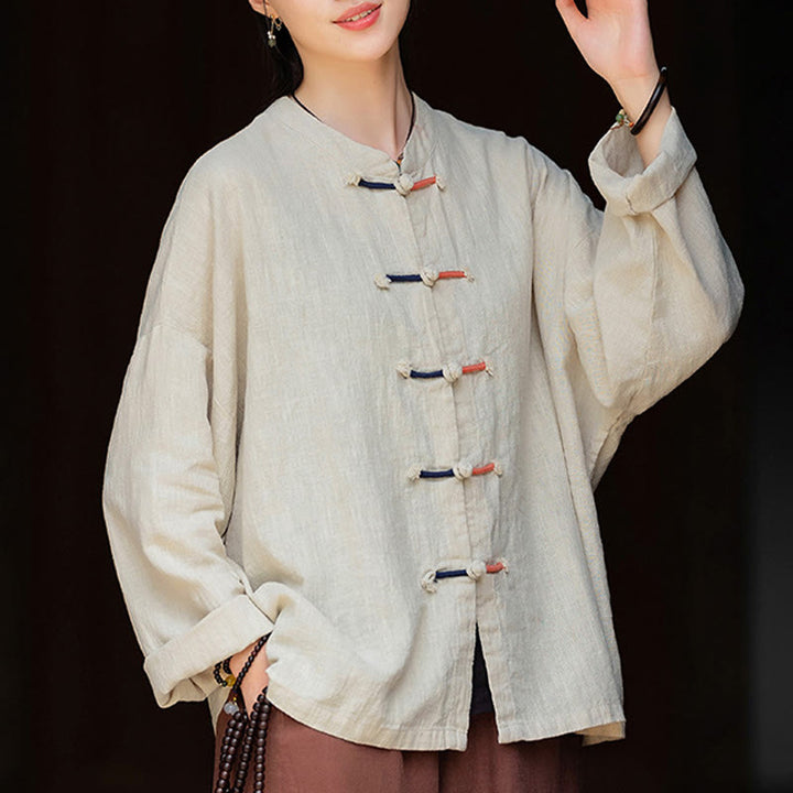 Camicia da donna in lino ramiè a maniche lunghe con bottoni a rana e tinta unita , Buddha Stones