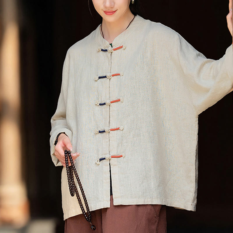 Camicia da donna in lino ramiè a maniche lunghe con bottoni a rana e tinta unita , Buddha Stones