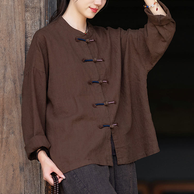 Camicia da donna in lino ramiè a maniche lunghe con bottoni a rana e tinta unita , Buddha Stones
