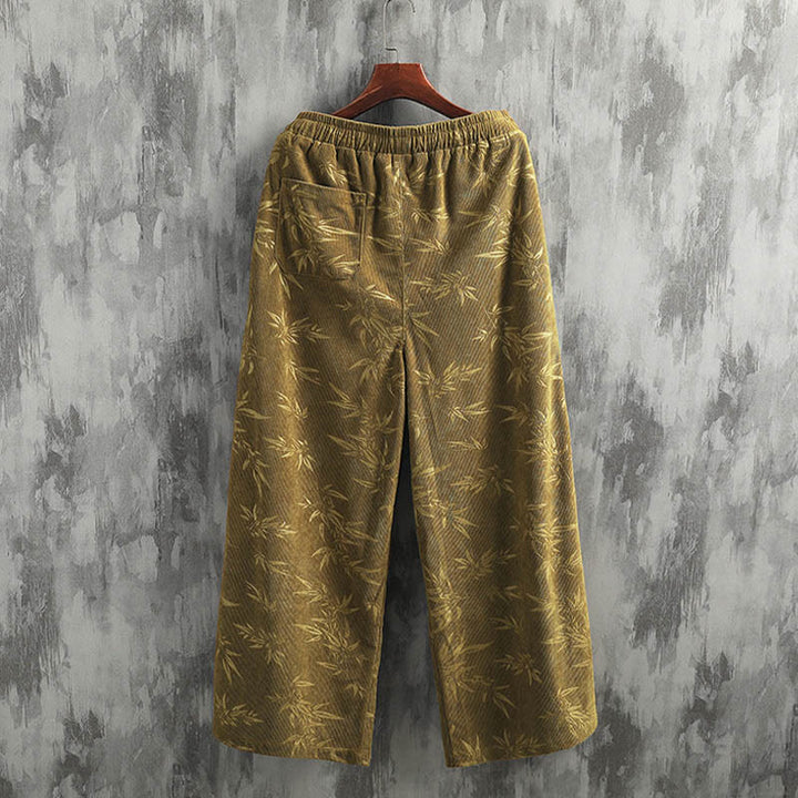 Pantaloni da uomo a gamba larga in velluto a coste con coulisse, in cotone, con tasche, motivo Buddha Stones Bamboo Leaves