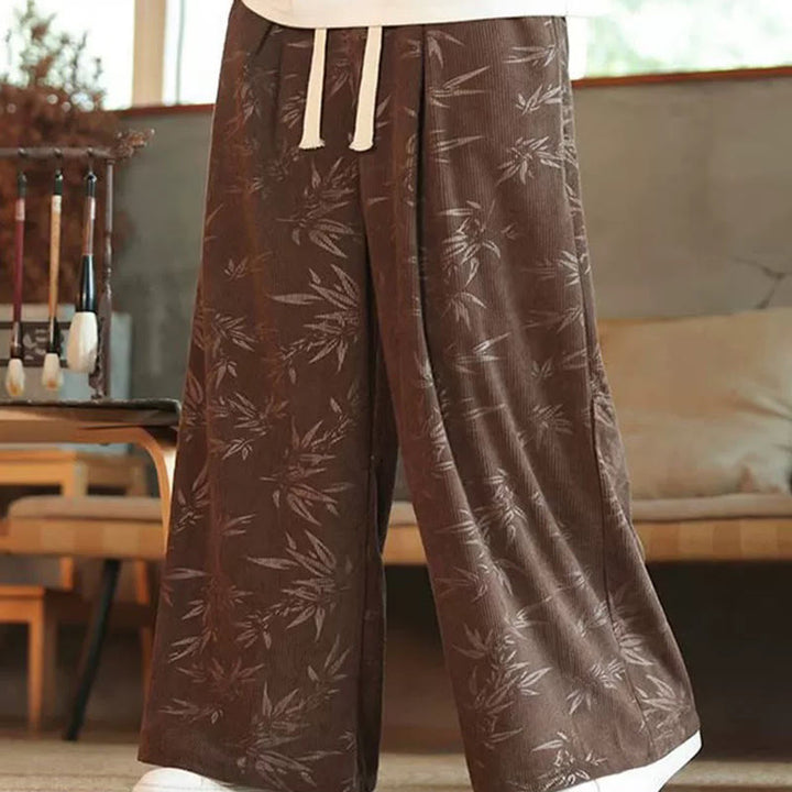 Pantaloni da uomo a gamba larga in velluto a coste con coulisse, in cotone, con tasche, motivo Buddha Stones Bamboo Leaves